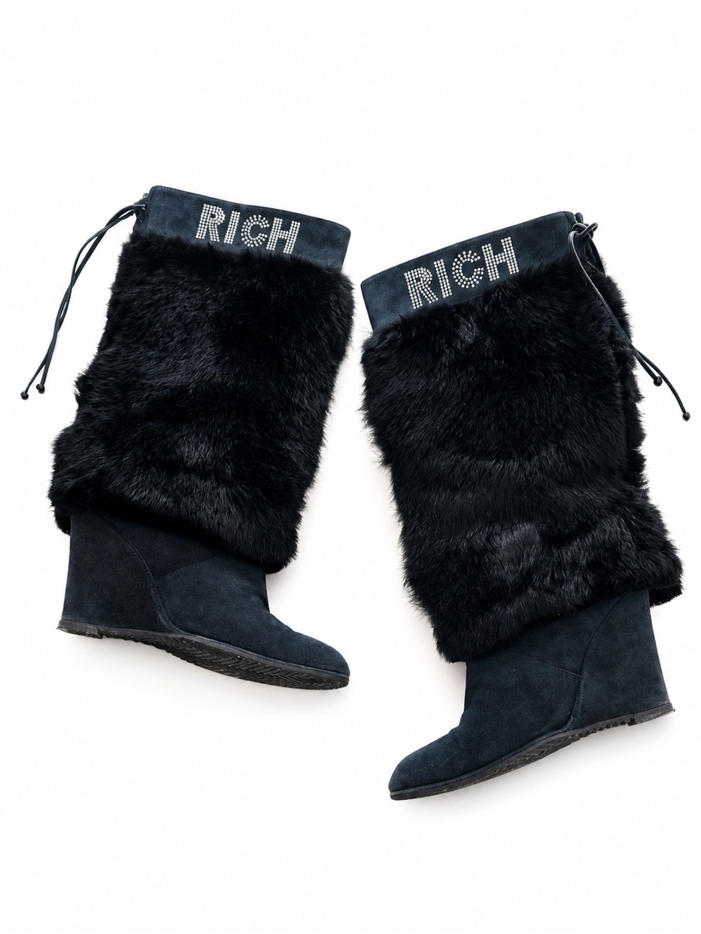 John Richmond Blue Suede Fur Wedge Boots with RICH Embellishments 39
